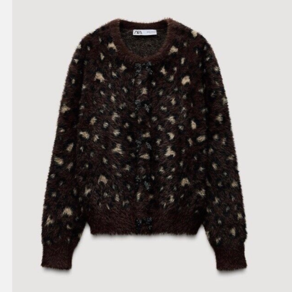 ZARA LEOPARD PRINT FAUX FUR JACQUARD KNIT CARDIGAN With BOW DETAILS NWT - Picture 10 of 13